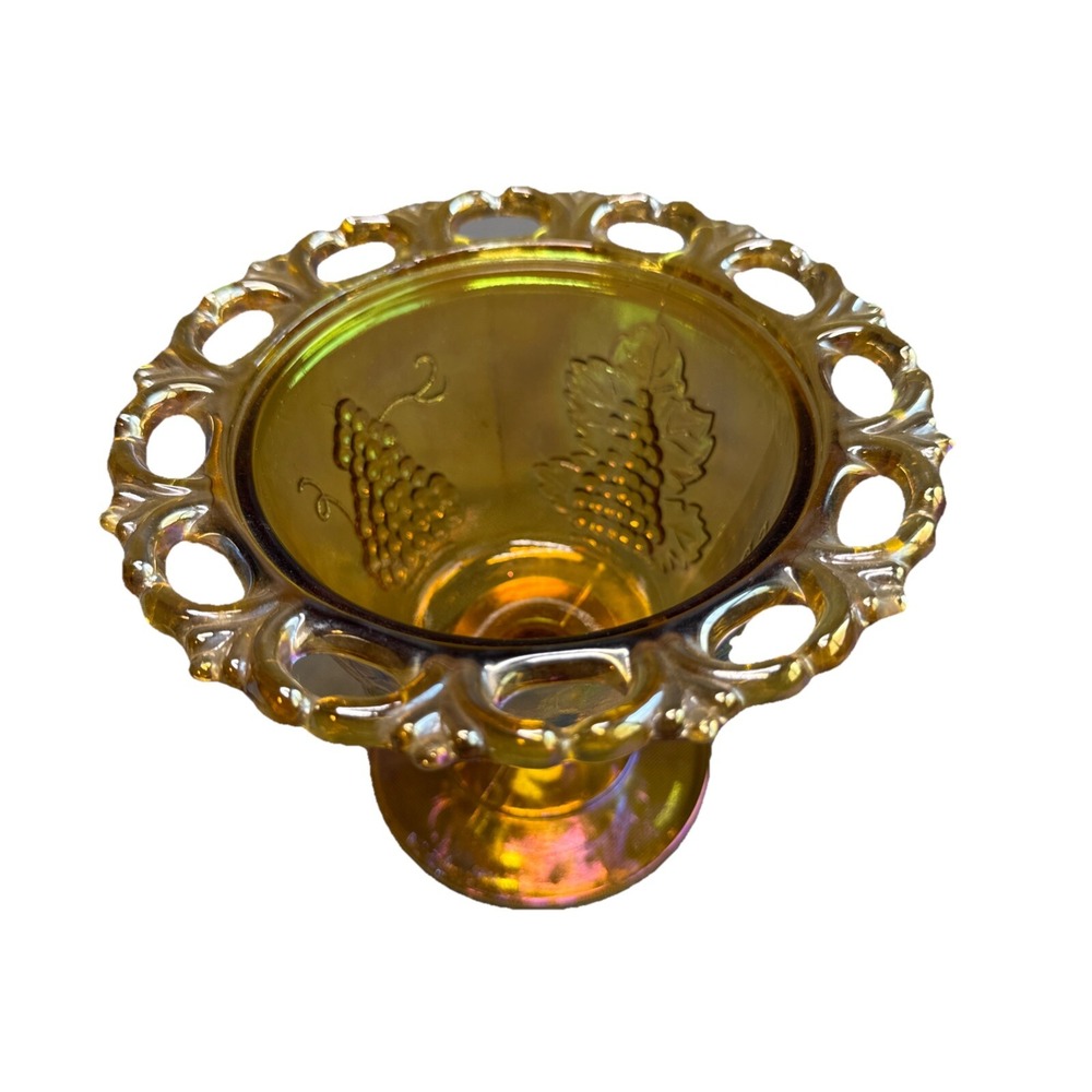 Vintage  Harvest Grape Marigold Carnival Glass ‎ Pedestal Fruit Compote Or Candy